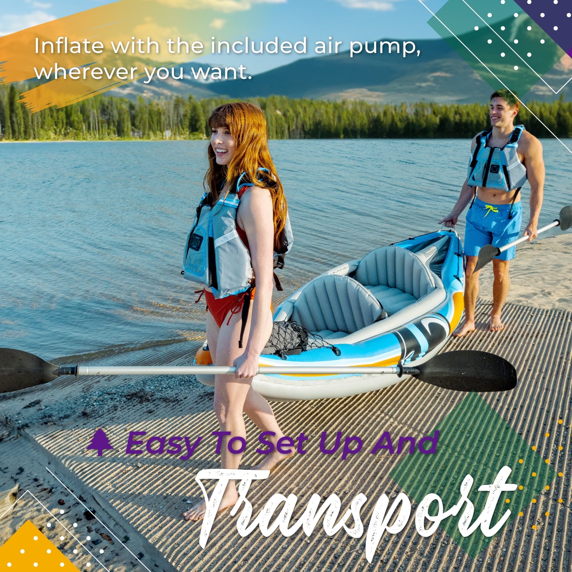 2-Person Inflatable Kayak Bundle with Aluminum Oars, Air Pump, and Bag